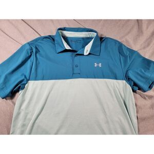 Under Armour Loose Heatgear Mens XL Teal Blue Color Block Performance Polo Shirt